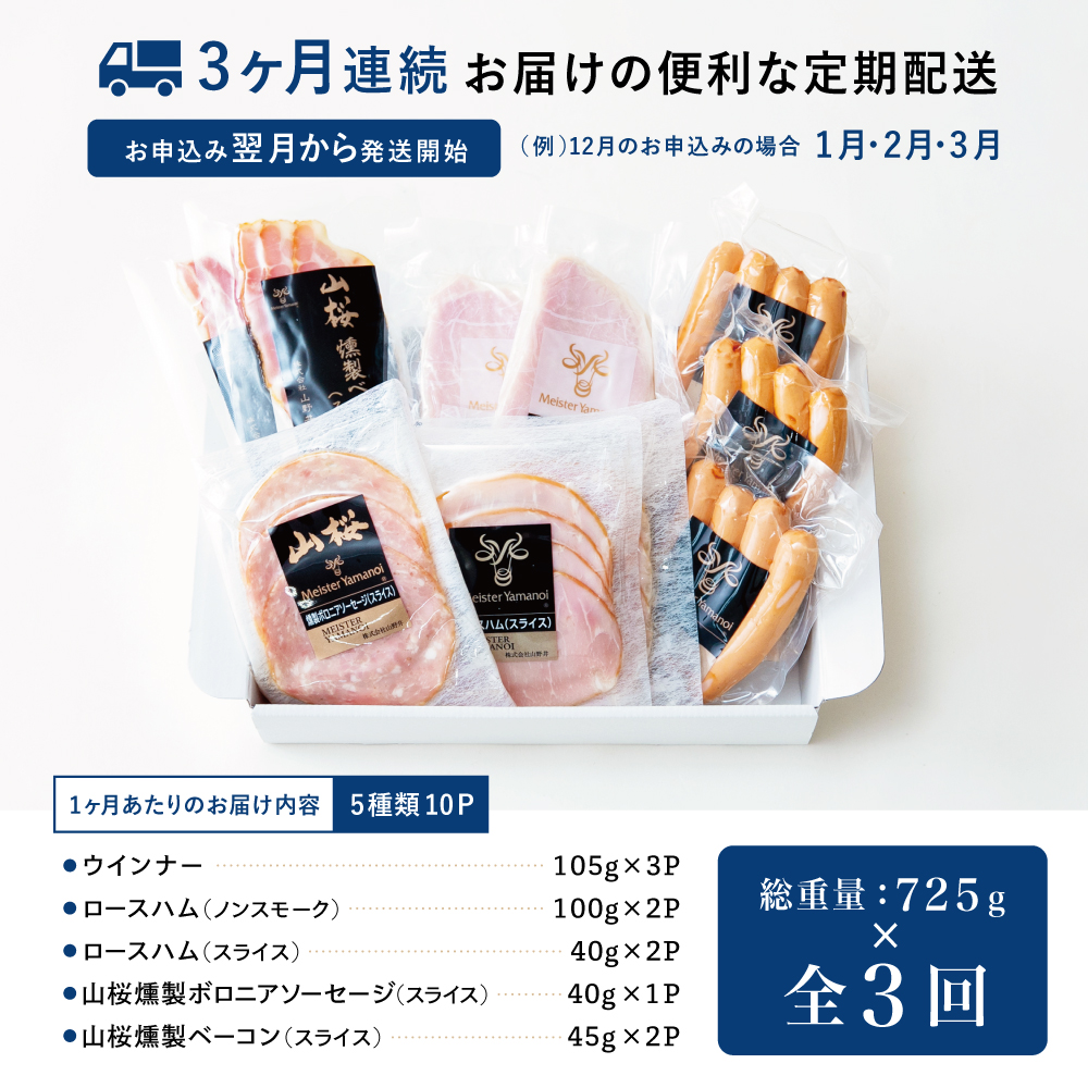 【定期便3回：3ヶ月連続】マイスター山野井 ハム・ソーセージ 5種（計10P） ウインナー ベーコン ハム スライス 肉 詰め合わせ 詰合せ セット 小分け 定期配送  鹿児島 山野井