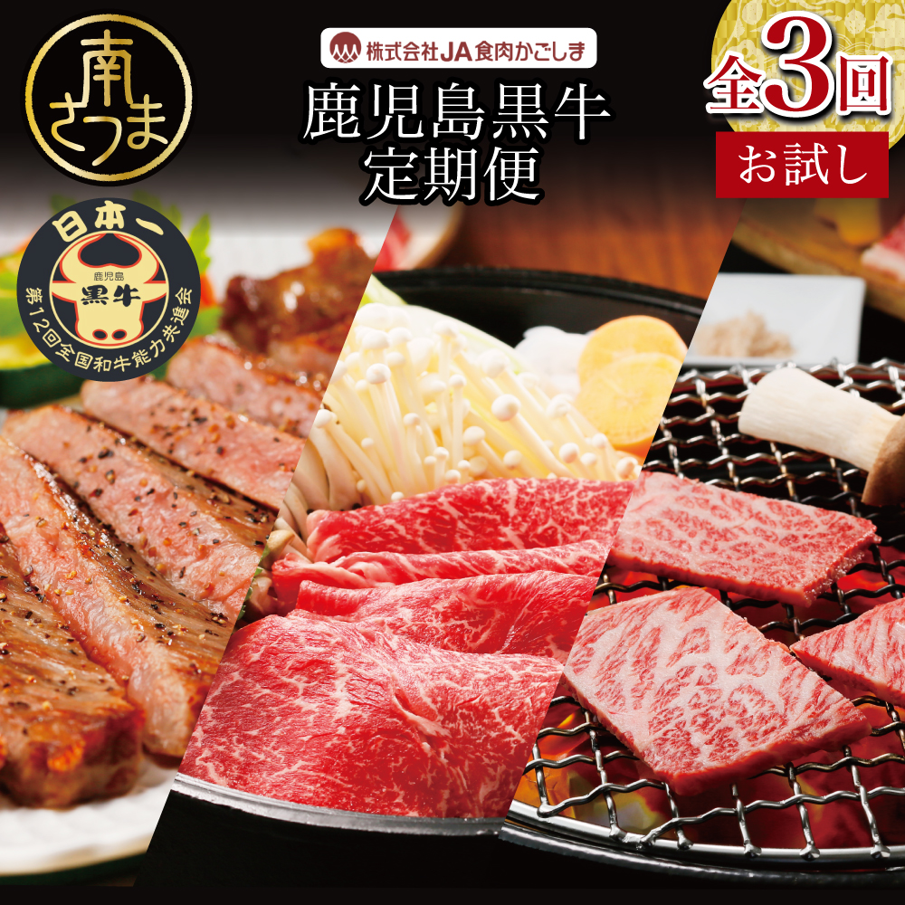 【JA食肉かごしま】鹿児島黒牛お試し定期便(全3回) 和牛日本一 鹿児島黒牛 黒毛和牛 牛肉 霜降り 赤身 ステーキ 焼肉 焼き肉 BBQ すき焼き しゃぶしゃぶ 定期便 JA食肉かごしま